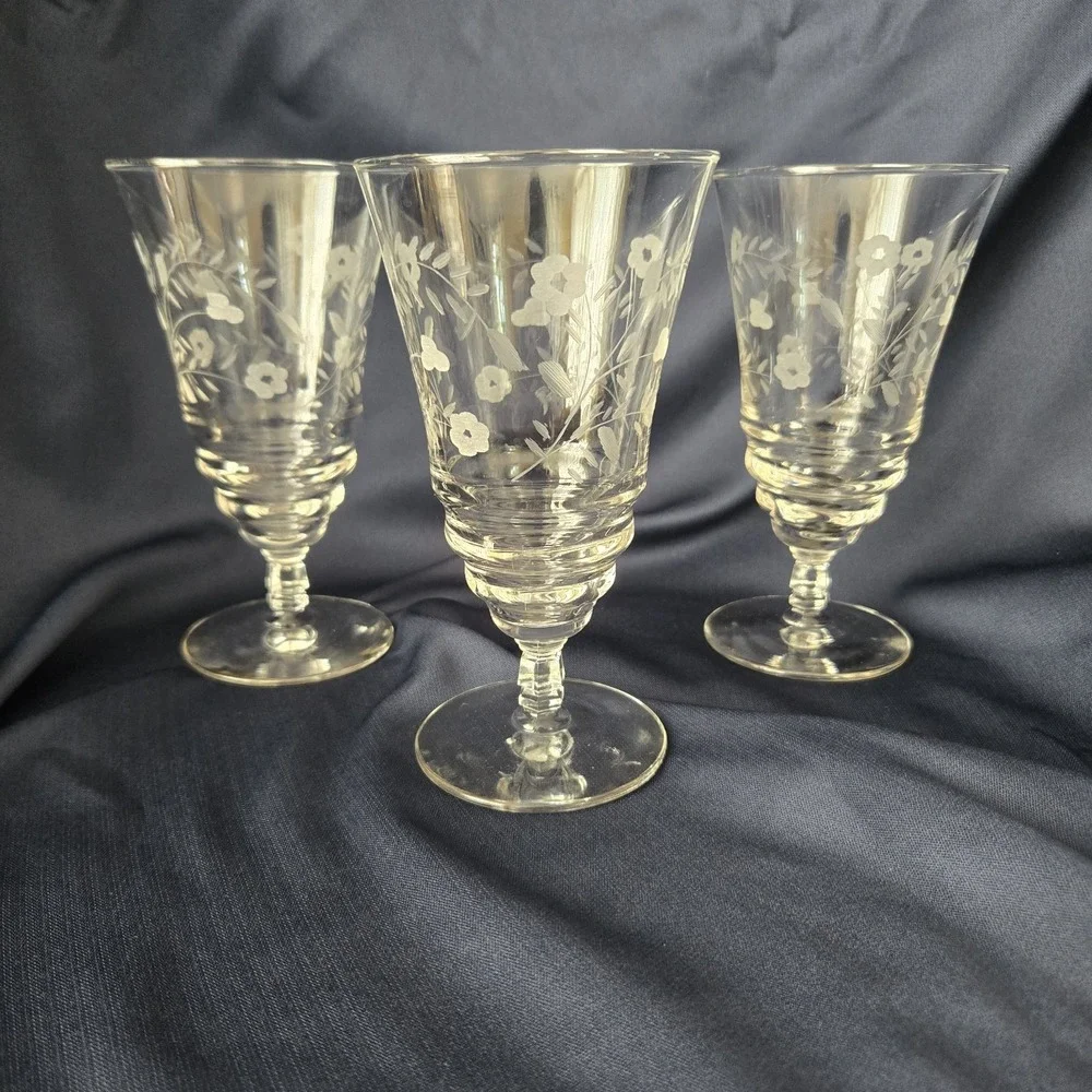 3 Libbey Halifax Rock Sharpe Drinking Tea Glasses Stemmed Etched Floral Design